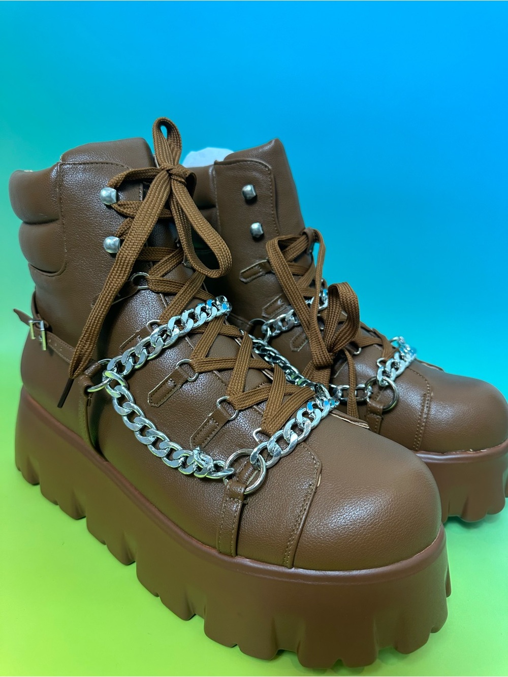 Cape Robbin Brown Platform Combat Boots with Silver Chain Detail